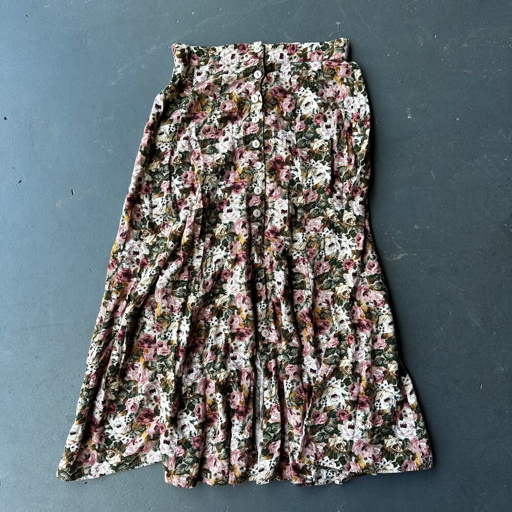 Vintage Cottagecore Floral Button Front Midi Skirt Women Small Medium